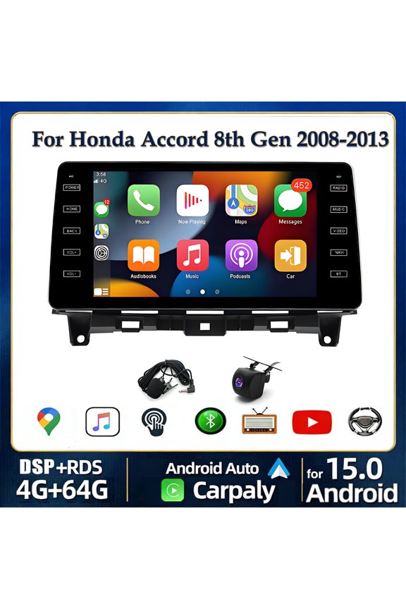 4+64G Car Radio for Honda Accord 8th Gen 2008-2013 9 inch Android 15 with Wireless CarPlay and Android Auto GPS Split Screen SWC BT