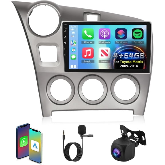 [4+64G] Podofo 9 Android 15.0 Car Stereo 4+64G for Toyota Matrix 2009-2014 with Wireless CarPlay Android Auto IPS 1280 * 720 Touchscreen, 32EQ DSP,GPS,FM,WiFi,59UI+Backup Camera&Mic