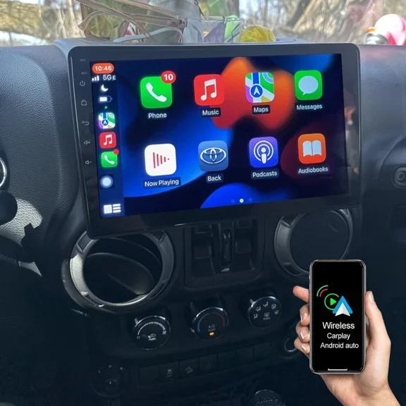 4+64GBAndroid 15 Car Radio for Jeep Wrangler JK 2007-2017, 10 Inch IPS Screen Stereo with CarPlay Android Auto WiFi Bluetooth GPS Navigation Touch Screen Head Unit