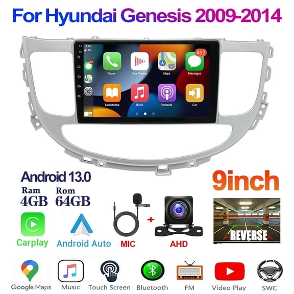 Gsuatey 4 64GB for Hyundai Genesis 2009-2014 Android 13 Car Radio with Wireless CarPlay Android Auto, 9 Inch Touch Screen Bluetooth Car Stereo HiFi GPS Navigation