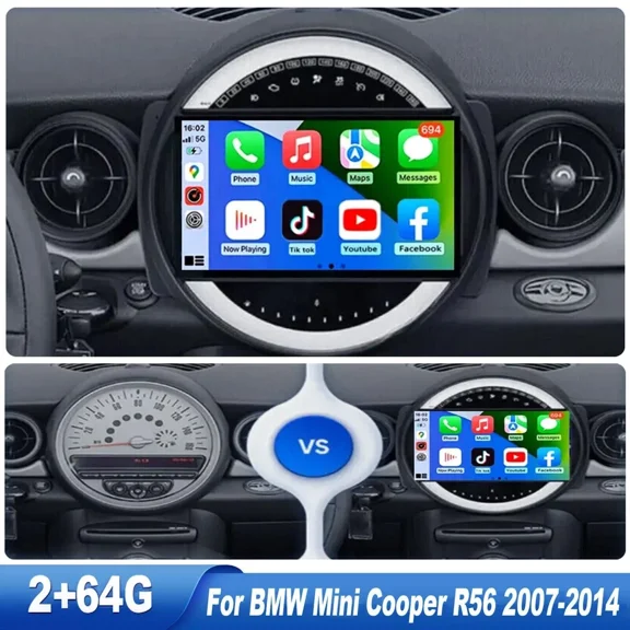 【4+64GB & Split Screen】9" Android 15 Car Stereo for Mini Cooper R56 2007-2014 Wireless CarPlay Android Auto GPS Navigation AHD Backup Camera Steering Wheel Control, WiFi/Bluetooth/FM RDS