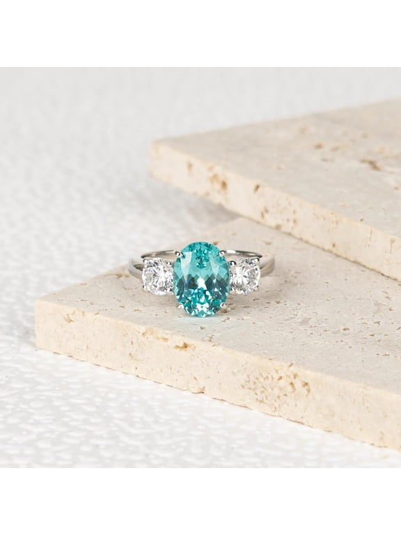 4.65 Carat Vintage Oval Neon Blue Paraiba Tourmaline Three Stone Ring, 925 Silver Unique Blue Green Tourmaline Wedding Ring, Proposal Ring for Love