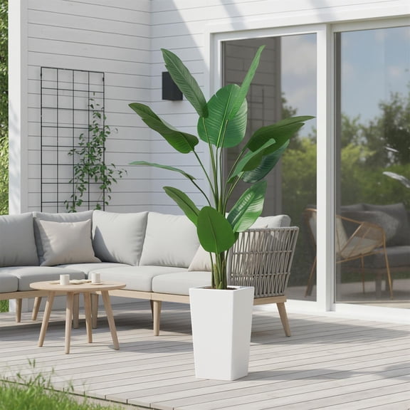 4.65 FT Artificial Banana Tree Plant – Tall Faux Bird of Paradise with Realistic Banana Leaves and White Planter, Indoor & Outdoor Tropical Floor Plant for Home, Patio, Office, and House