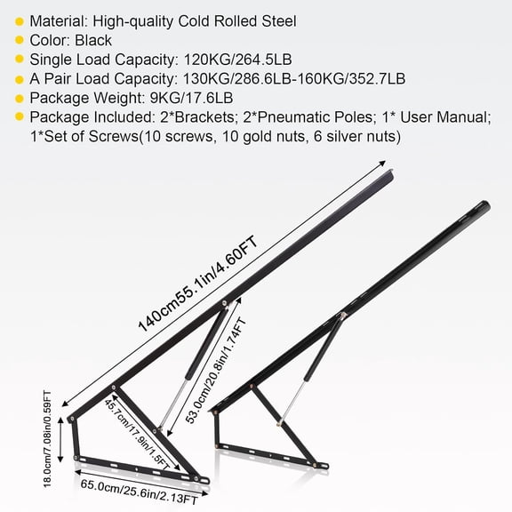 4.6FT Bed Lift Mechanism 120kg Load Capacity Pneumatic Gas Spring for Storage Bed Box or Sofa Bed