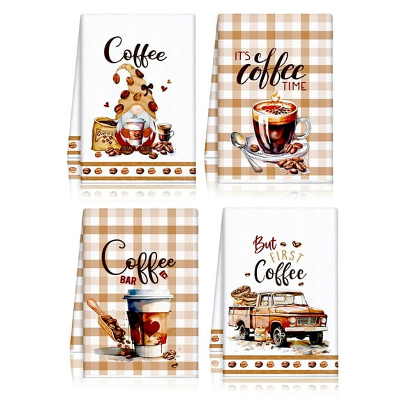 4/6PC Brown Coffee Pattern Kitchen Towels, Coffee Lover Gift Coffee Hand Towels for Kitchen Housewarming Farmhouse Kitchen Gift, 24 x 16 Inch