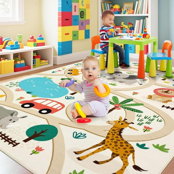 4*6ft/5*7ft/6*9ft/ 8*10ft/9*12ft Kids Play Rugs, Ultra-Soft Playroom Carpet Mat with Forest Cars Animals Road Pattern, Machine Washable Rug Car Road Track Rug for Nursery Bedroom Toddler Room Playroom