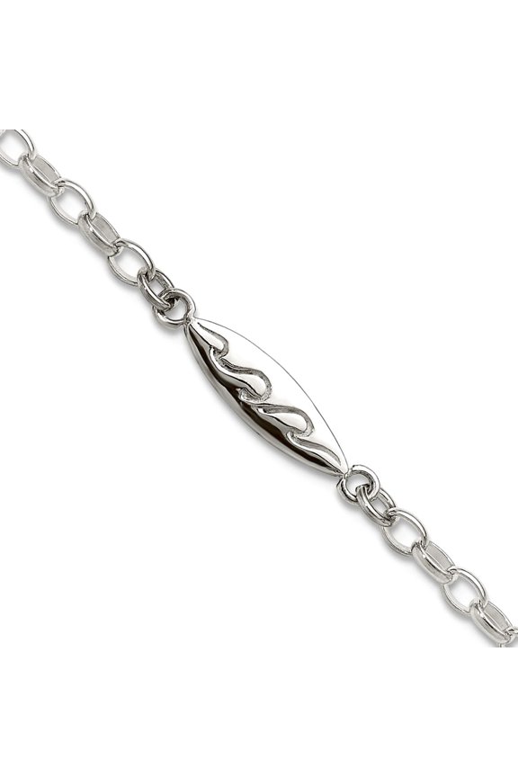 4.6mm 925 Sterling Silver Polished Etched Waves Surfboard Link Anklet 9 Inch Anklet for Women