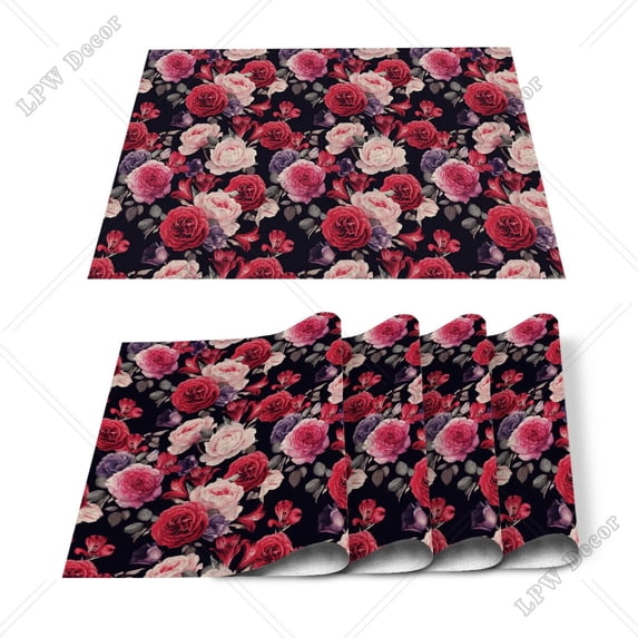4/6pcs Red Rose Flower Bouquet Plant Kitchen Placemat Set Coaster Dining Table Mats Cotton Linen Pad Bowl Cup Mat Home r