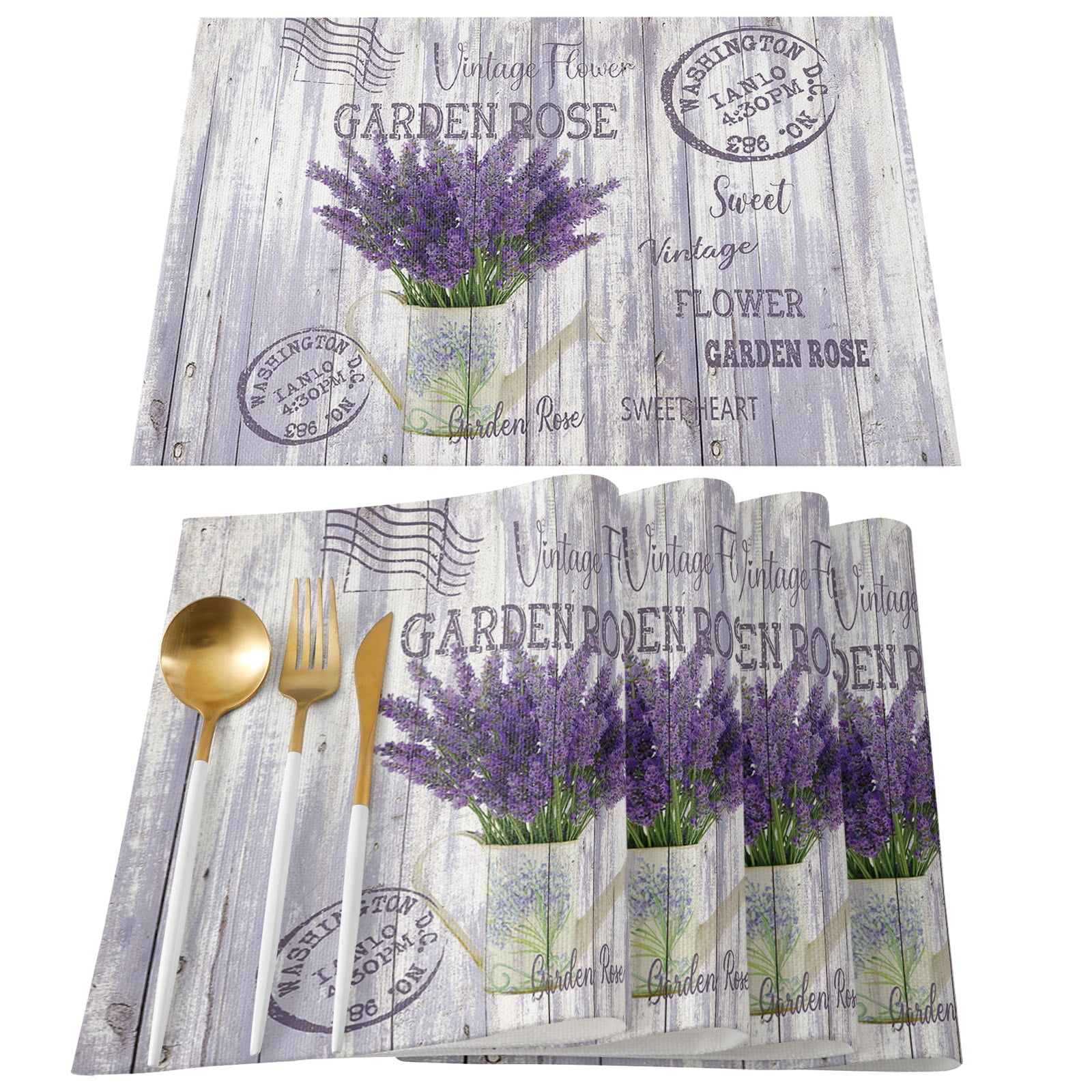 4/6pcs Set Table Mats Purple Lavender Printed Cotton Linen Table Napkin