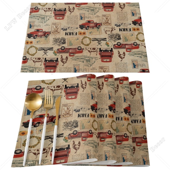 4/6pcs Set Table Mats Rooster On Retro Background Printed Table Napkin Kitchen Accessories Home Party rative Placemats