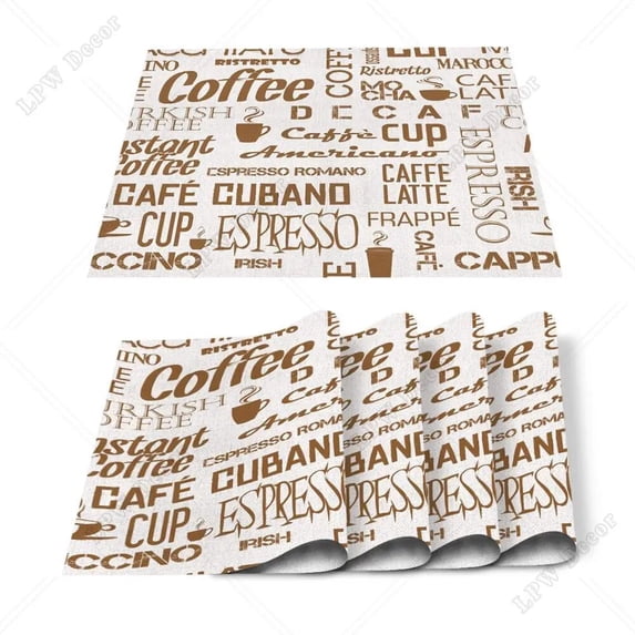 4/6pcs Set Table Mats Vintage Text Coffee Printed Cotton Linen Table Napkin Kitchen Accessories Home Party rative Placemats