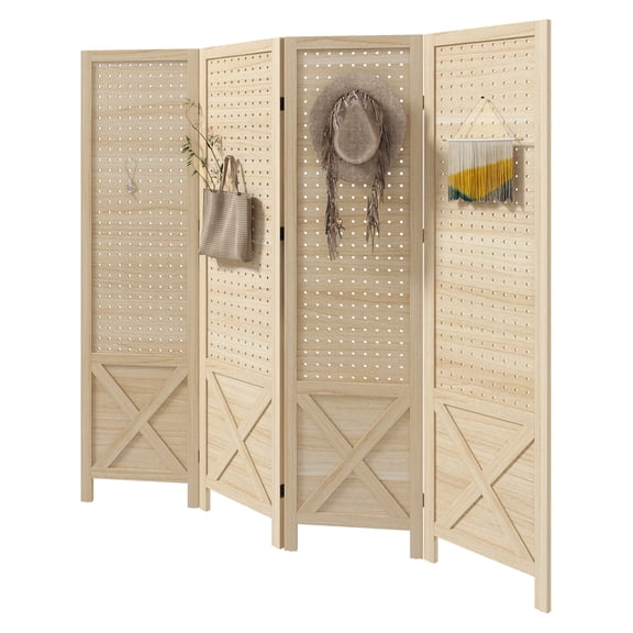 4.7' 4 Panel Wooden Room Divider with Pegboard Display, Folding Privacy Screen for Home Office, Natural