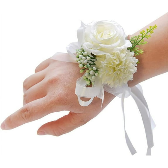 4.7" Artificial Rose Wrist Corsages, Bridal Bridesmaid Wrist Flower, Silk Wrist Flower for Wedding Flower Accessories Bridal Shower Prom Decorations (White)
