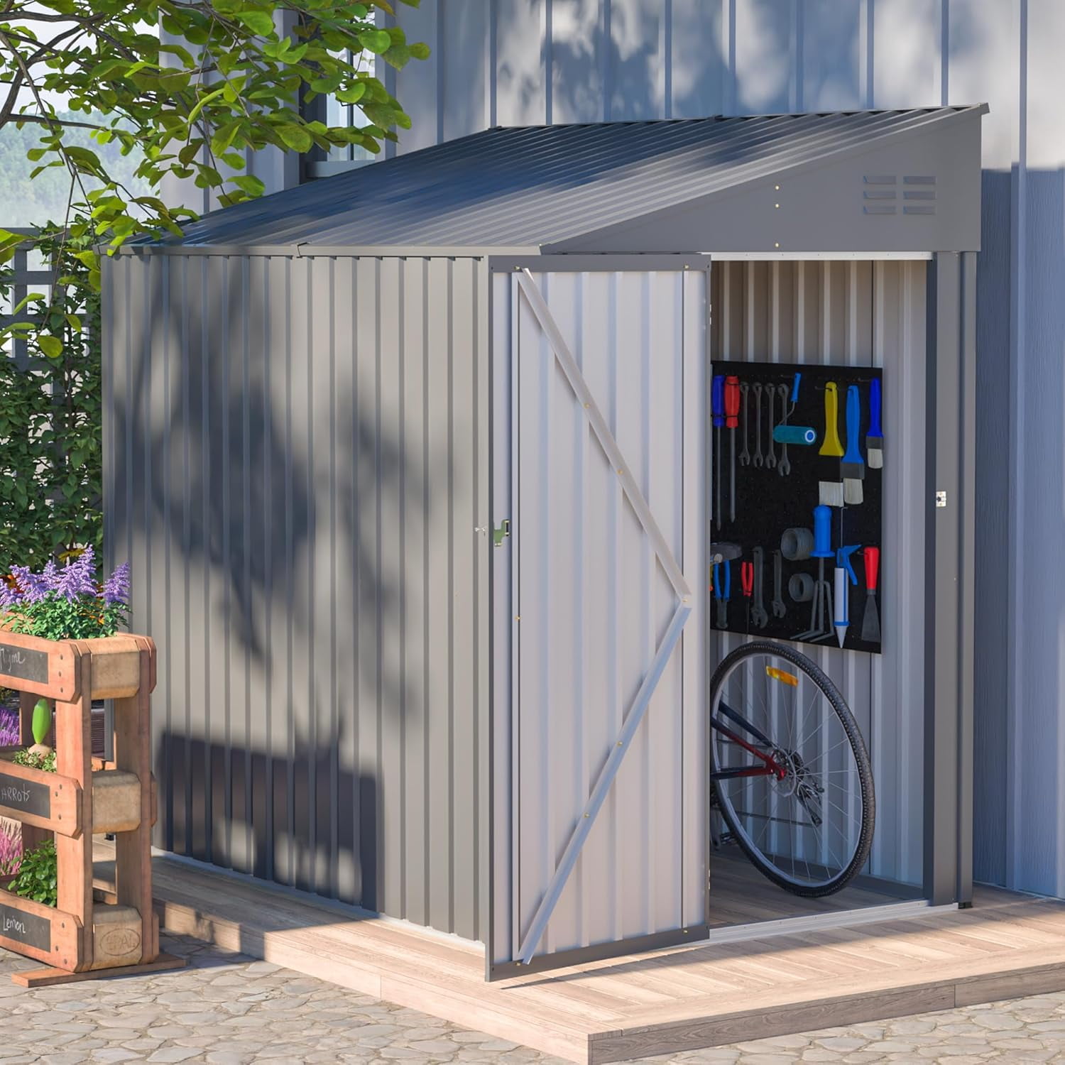 4×7 Ft Lean to Shed, Small Metal Outdoor Storage Shed，Waterproof with Lockable Door for Backyard, Patio, Garden, Grey