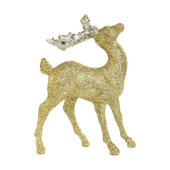 4.7" Glitter Flocked Reindeer Figurine – Christmas Tree Ornament, Holiday Table Decor, Festive Xmas Deer Statue, Sparkling Home Decoration, Winter Holiday Mantel & Shelf Accent (Gold)