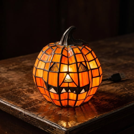 4.7" Tiffany Style Large Resin Jack O Lantern Lamp, Halloween LED Light Up Resin Pumpkin Lantern, Stained Glass Pumpkin Accent Night Light, Fall Thanksgiving Indoor Room Window Tabletop Decor