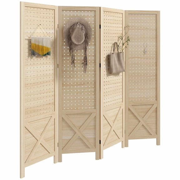 4.7' Wooden Room Divider, 4 Panel Folding Screen with Pegboard, Natural Wood Privacy Partition for Home Office