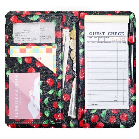4.7 X 9 Cherry Server Book with Zipper Pocket Bling Waitress Book with Money Pocket and Magnetic Closure, Restaurant Waitstaff Organizer Fit Server Apron with High Volume Pocket
