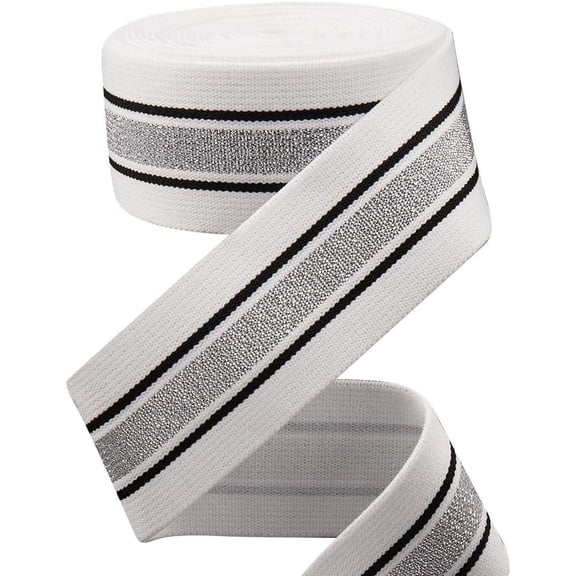 4.7 Yards 1.57" Wide Metallic Silver and Black Striped Twill Elastic Band White Flat Stretchy Webbing Sewing Knitting Strap Trim Ribbon