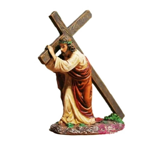 4.7 inch Small Jesus Cross Statue Religious Figure Little Jesus Carrying Cross on The Way to Calvary Tiny Statue Resin Christian Decoration for Home Church Office