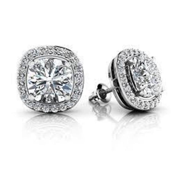 4.70 Carats 14K White Gold Cushion with Round Diamond Ladies Fine Stud Earring