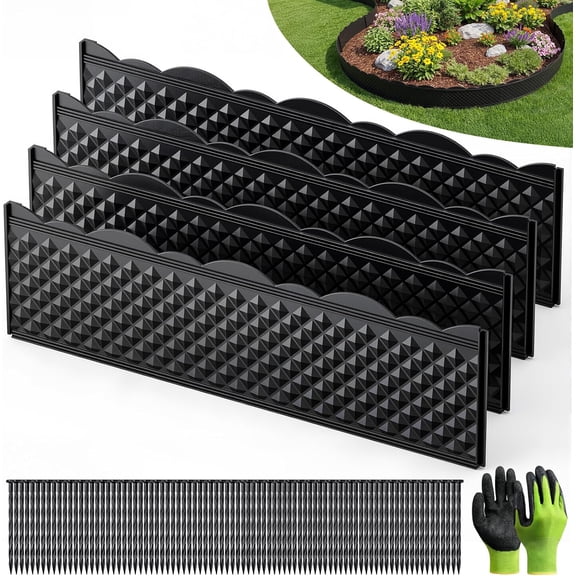 4.72"33.2' Landscape Edging Kit, Garden Border with 75 Pcs Stakes & Gloves, No Dig Decorative Edge Panels Flexible for Yard, Flower Bed, Landscaping Lawn (23 PCS)