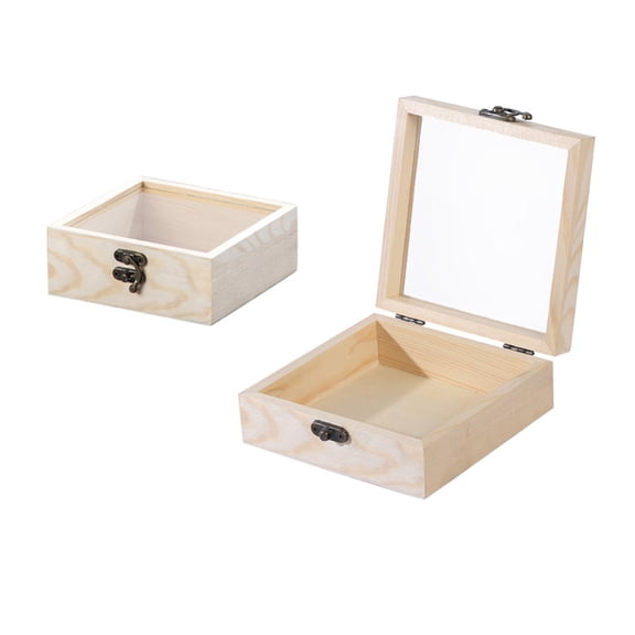4.724.721.97 Inch Wooden Square Storage Box with Glass Lid Iron Clasp Unfinished PapayaWhip Stash Box Jewelry Display Case Container