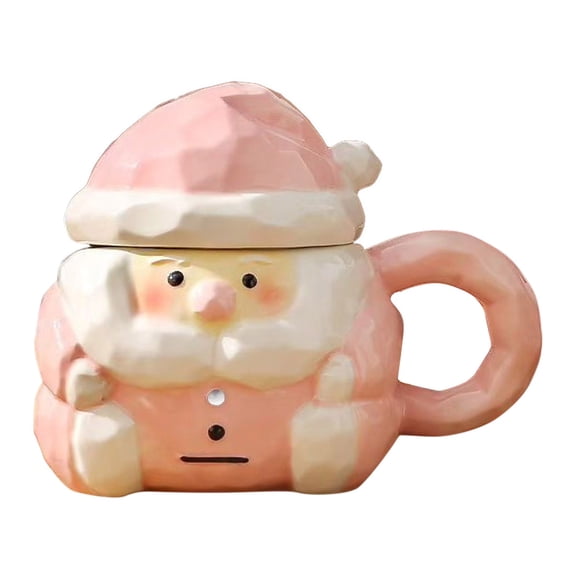 4.72" Ceramic Santa Claus Coffee Mug with Lid, Cute Shaped Holiday Mug for Hot Cocoa Tea, Festive Tabletop Drinkware Tumbler, Christmas Gift for Adults, and Winter Celebration Home Displays - Pink
