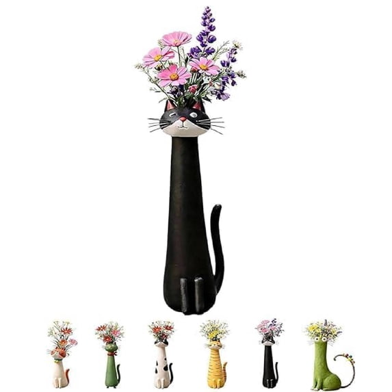4.72" Handcrafted Ceramic Cat Vase, Whimsical Kitty Planter for Small Flowers, Boho Desk Shelf Decor, Unique Gift for Cat Lovers (Black)