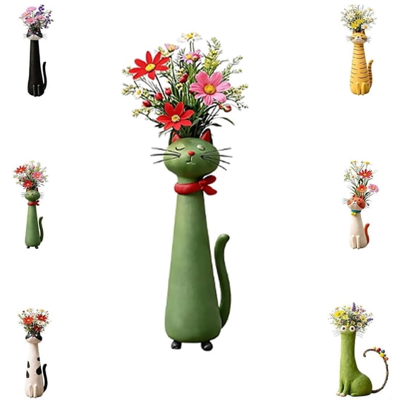 4.72" Handcrafted Ceramic Cat Vase, Whimsical Kitty Planter for Small Flowers, Boho Desk Shelf Decor, Unique Gift for Cat Lovers (Dark Green)