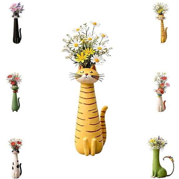 4.72" Handcrafted Ceramic Cat Vase, Whimsical Kitty Planter for Small Flowers, Boho Desk Shelf Decor, Unique Gift for Cat Lovers (Yellow)