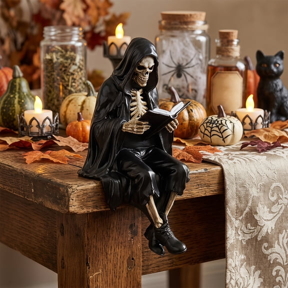 4.72 Inch Mini Skeleton Reaper Reading Statue, Compact Gothic Halloween Tabletop Figurine, Decor Accent for Bookshelf Office Cubicle