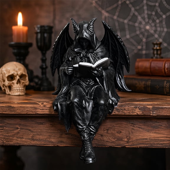 4.72 Inch Halloween Mini Hooded Demon Reading Figurine, Dark Gothic ABS Desk Statue, Decorative Ornament for PC Tower Shelf Side Table