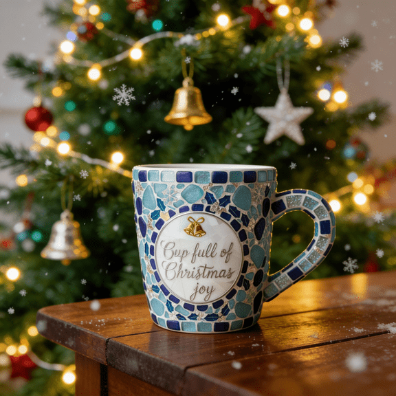 4.72in Seaglass Christmas Cup, Handcrafted Mug with Shimmering Inlays, Ideal Gift for Hot Cocoa Lovers and Holiday Memories