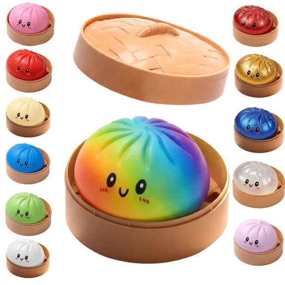 4.72inch Rainbow Realistic Steamed Bun Squishy Toy with Steamer Slow Rising Dough Ball Stress Relief Sensory Fidget Toy Safe Plastic Novelty Prank Gag Gift for Kids Adults Party Favors