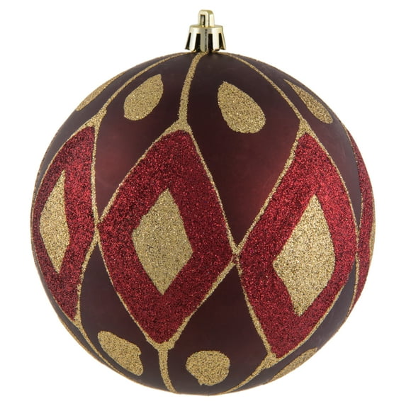 Vickerman 4.75" Burgundy Matte Ball with Glitter Diamond Pattern. Add variety and sparkle to your holiday arrangement with this matte ornament that features a glitter pattern. Includes 4 pieces per ba