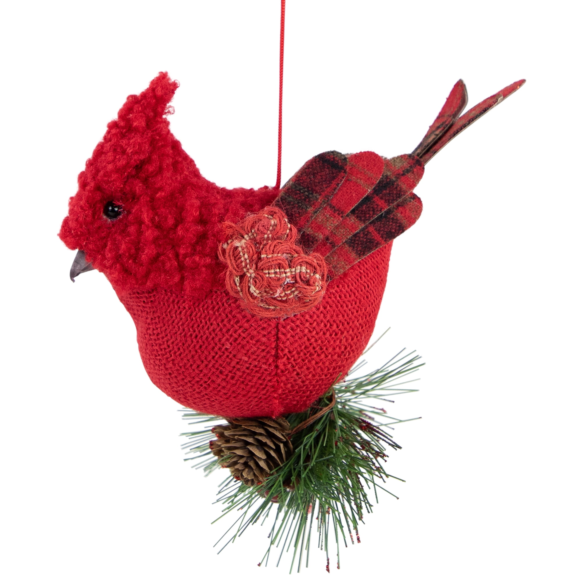 4.75" Burlap and Plaid Cardinal on Pine Sprig Christmas Ornament