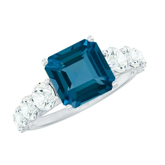 Rosec Jewels Natural London Blue Topaz Engagement Ring with Moissanite Accent, 14K White Gold, US 8.00