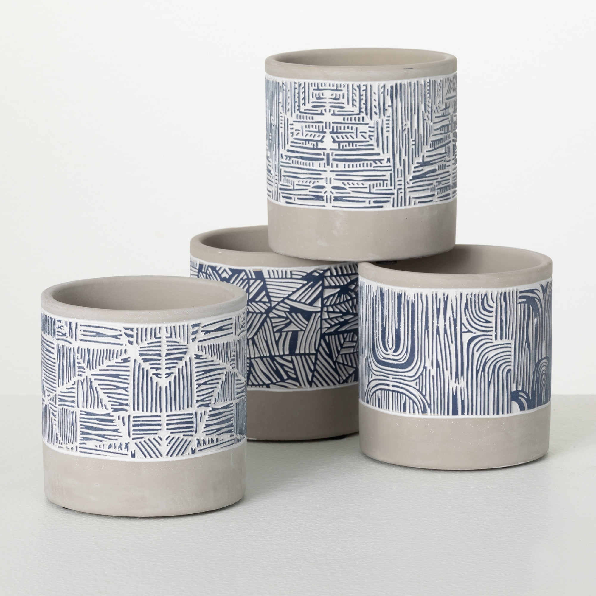 10.5" Gray and Blue Abstract Cement Planter Set
