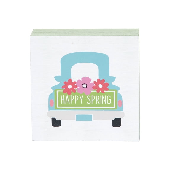 4.75" Springtime "Happy Spring" Pickup Truck w/ Floral Flowers Decorative Wood Single Centerpiece Block
