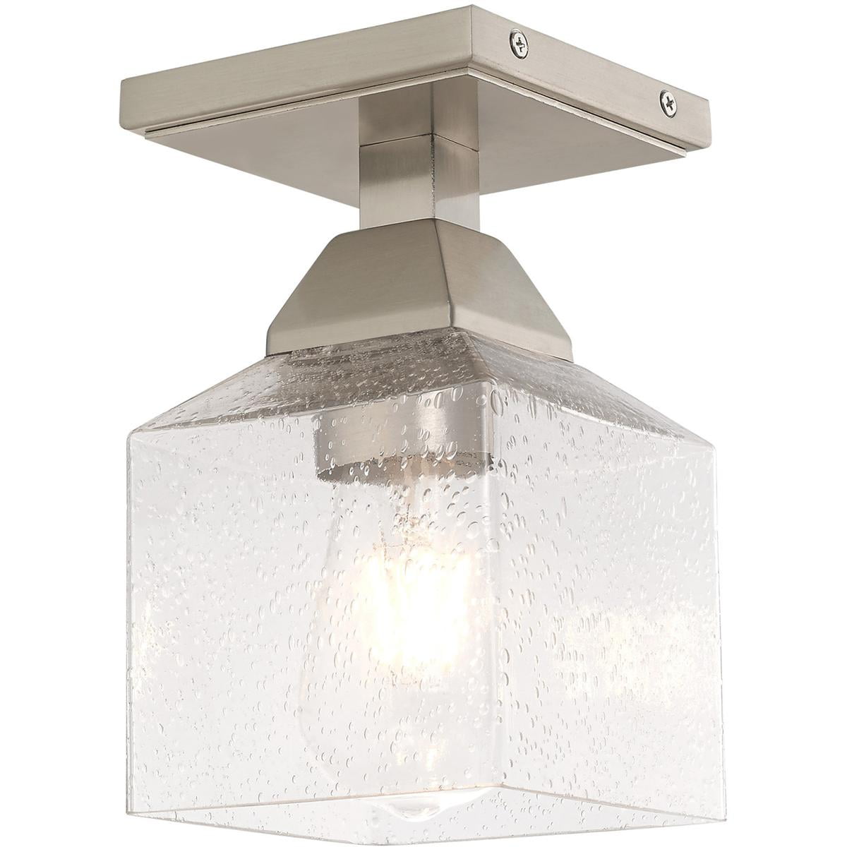 Brushed Nickel 1-Light Flush Mount with Clear Seeded Glass