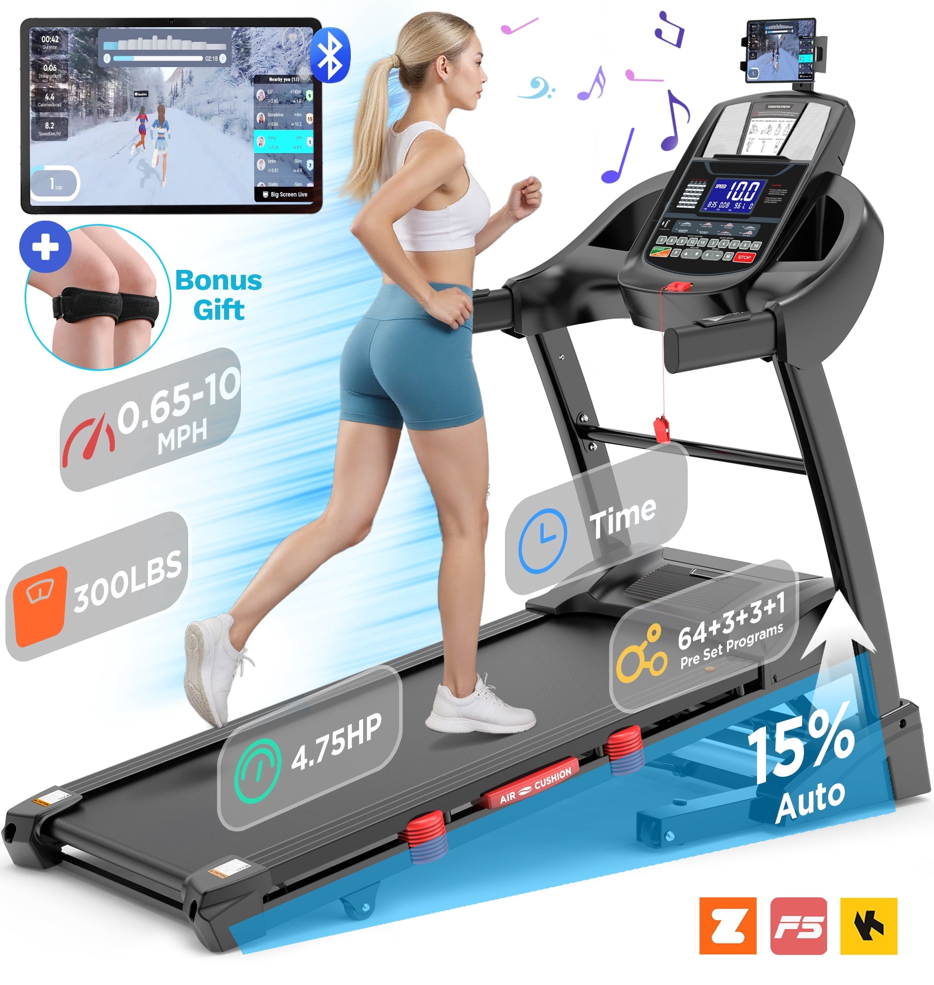 4.75HP Treadmill with Auto Incline, 15% Incline Running Treadmills for ...
