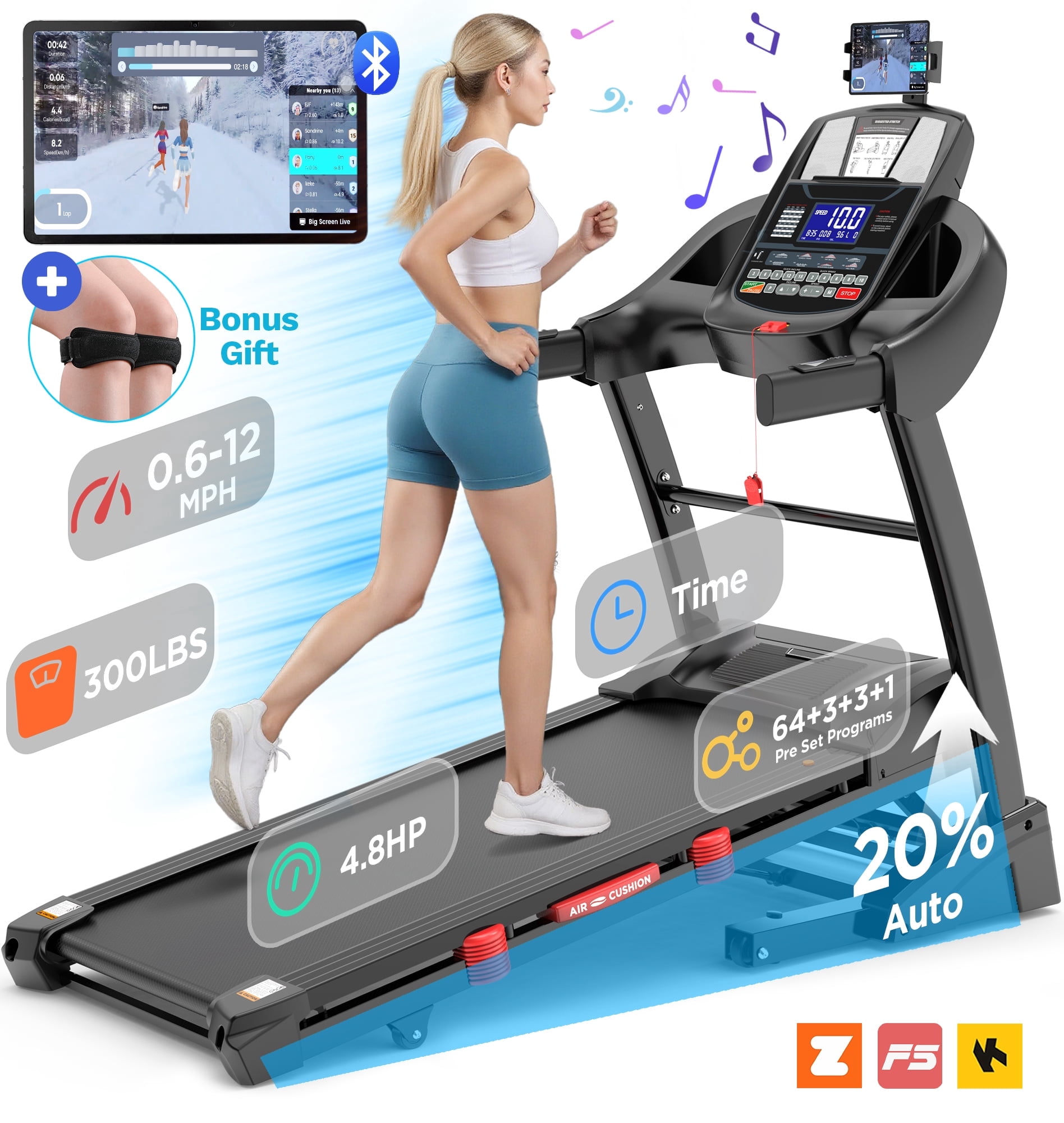 4.75HP Treadmill with Auto Incline, 20% Incline Running Treadmills for Home, Wide Folding Treadmill with Heart Monitor, Dual HiFi Speakers, 300 lb Weight Capacity