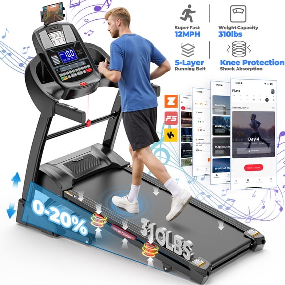4.8HP Walking Running Treadmill with Automatic Incline, Treadmill with 64+3  Preset Programs, 300lb Capacity, 20-Lvel Auto Incline Running Treadmill for Home Gym