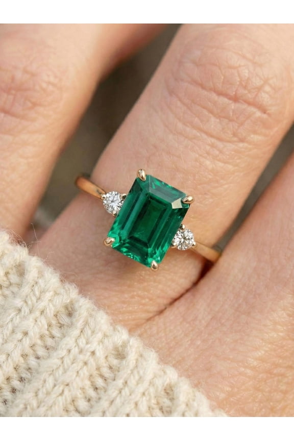 4.75ct Emerald Ring, Emerald Cut Emerald Ring, 14K Gold Plated Statement Ring, Certified Stone Ring, May Birthstone