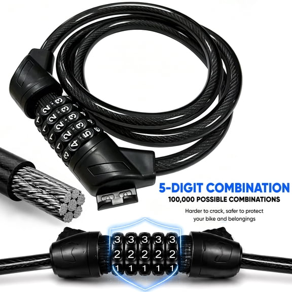 4.7FT Cable Bike Lock,Scooter Lock, 5 Digit Resettable Combination Codes, with Secure Mount Bracket, for Bicycle/Scooter/Glass Door,Portable,Safe and Reliable,24h Shipping