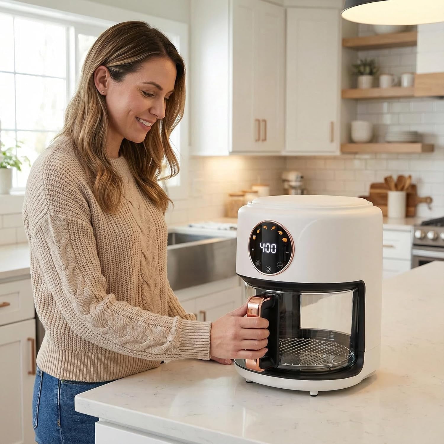 4.7QT Glass Air Fryer, 360 ° Viewable Glass Air Fryer Non Toxic, 6-IN-1 Preset Cook Modes, Digital Display, Adjustable Temp 100F - 400F, Nonstick, Dishwasher Safe, White