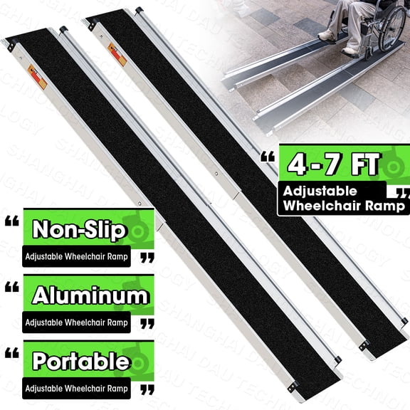 4-7ft Adjustable Wheelchair Ramp, Portable Foldable Threshold Ramp with Non-Slip Surface & Side Stoppers, Lightweight Aluminum Ramp for Steps, Curbs, Home & Medical Accessibility