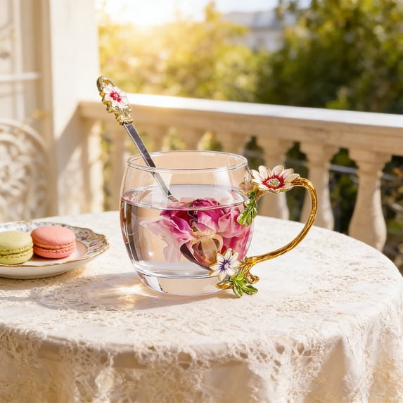 4.7x3.5 Inch Rose Enamel Glass Mug, Lead Free Tea Cup With Matching Spoon, Premier Gift for Mom's Day Birthday, Multicolor