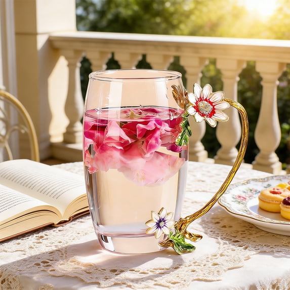 4.7x3.5 Inch Rose Enamel Glass Mug, Lead Free Tea Cup With Matching Spoon, Premier Gift for Mom's Day Birthday, Multicolor